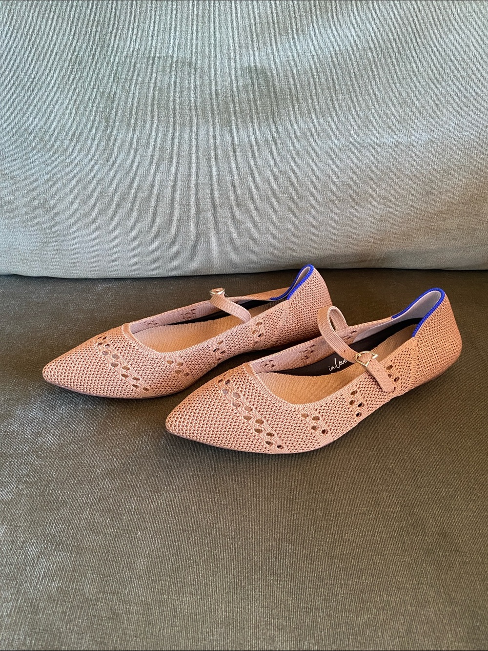 Rothy's Pointed Mary Jane Flats in Caramel Tan with Blue Trim - Picture 2 of 5